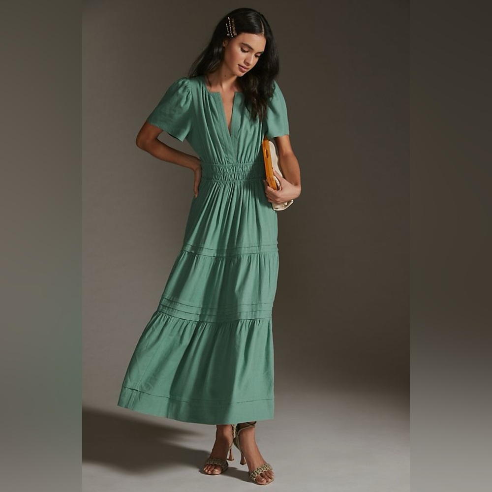 Anthropologie Green linen Somerset Dress
